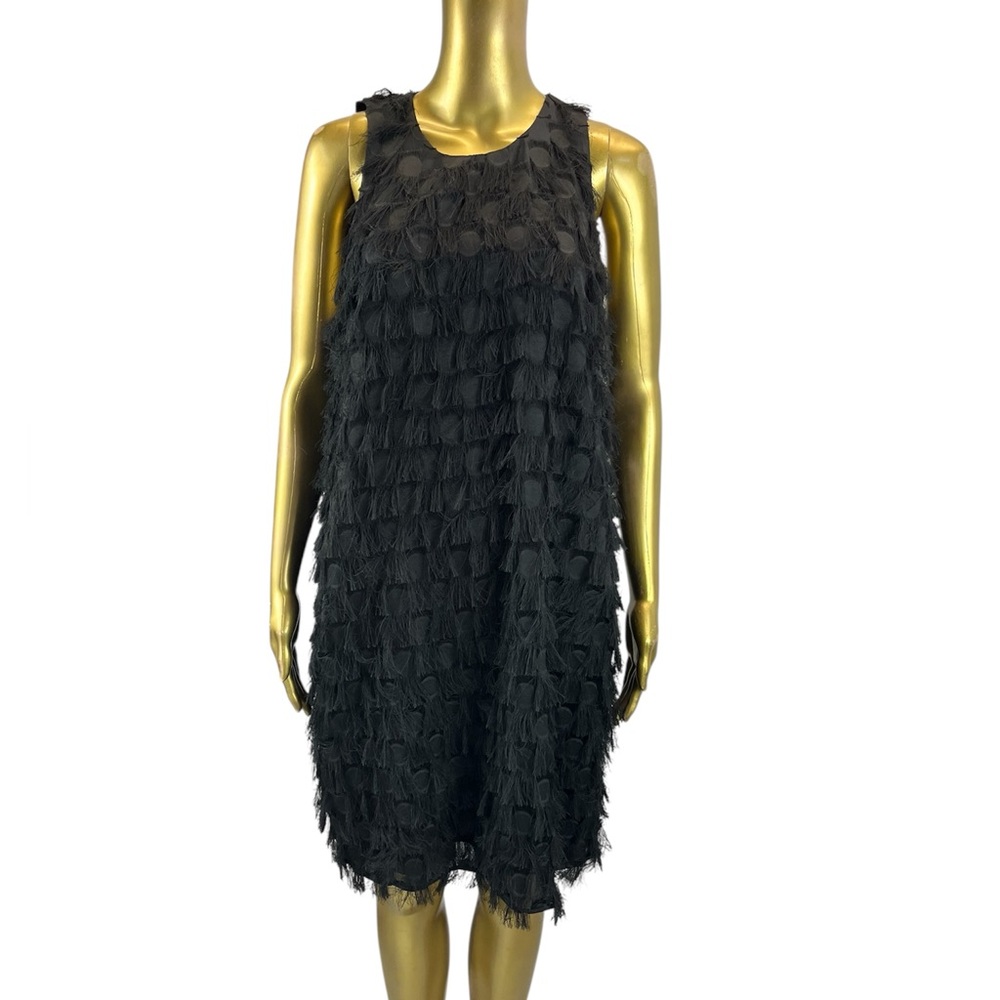 Anthropologie Roxie Black Textured Fringe Shift Dress Size 12 Boho Chic Fringe